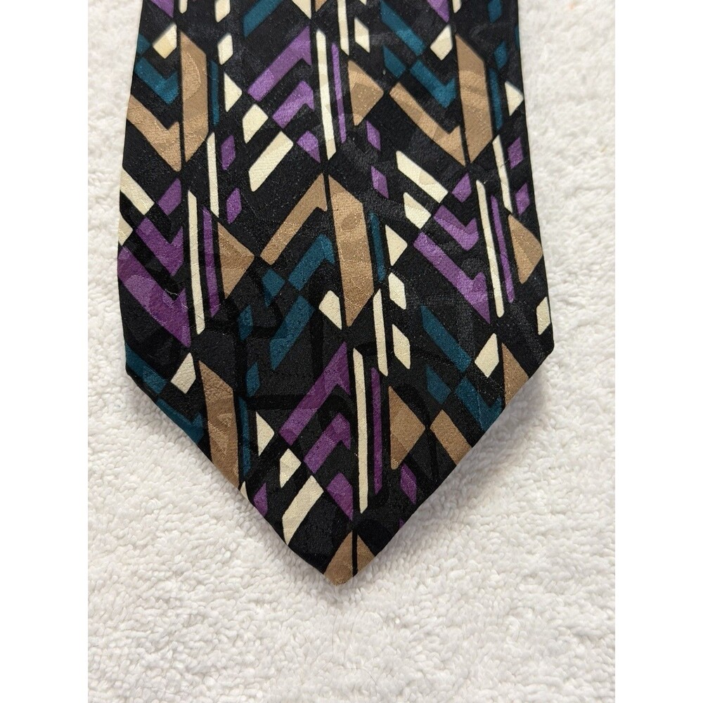 Martin Wong Napa CA Mens Silk Tie Art Deco Geometric Burgundy Gold Navy Grey 55"